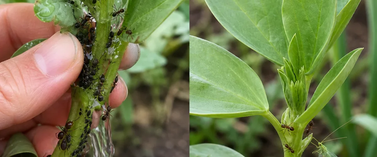 Photorealistic before-and-after garden close-up with a hand washing dense realistic black aphids from a tender plant while ants visibly guard them before clean shoots grow after the ant trail is safely blocked and helpful lacewings remain