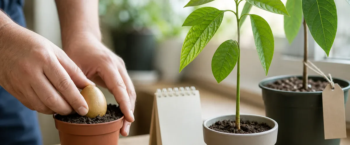 Photorealistic before-and-after avocado germination with a hand planting an intact pit broad side down in a draining nursery pot before a healthy leafy seedling grows beside a calendar and a separate grafted nursery tree