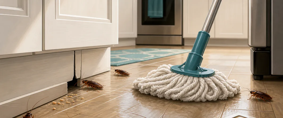 Illustration of several cockroaches near a kitchen baseboard, mop, and monitoring trap