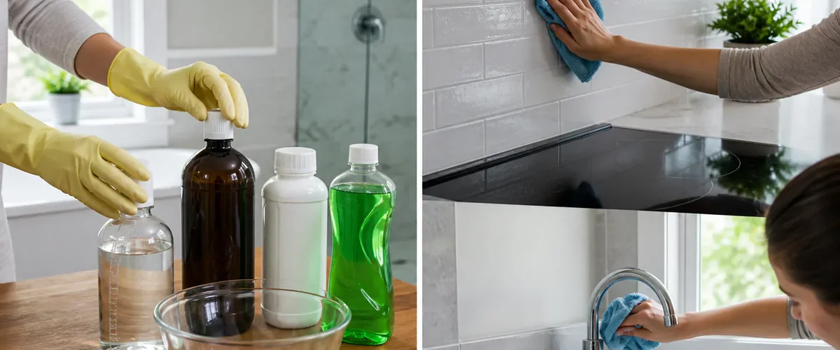 Photorealistic before-and-after home cleaning with a gloved hand separating four household cleaner bottles beside an unsafe foaming bowl before two labeled task stations safely handle greasy cabinets and a scaled faucet