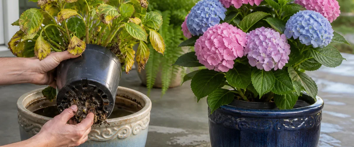 Photorealistic before-and-after potted hydrangea rescue with a hand clearing blocked drainage beneath yellow wilted leaves before the same plant develops healthy foliage and realistic flowers