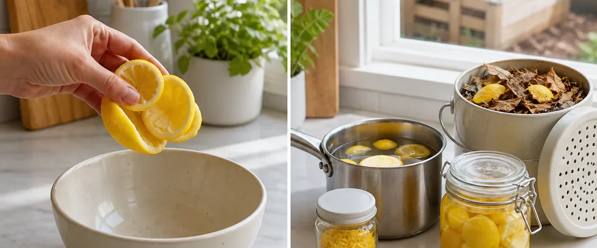 Photorealistic before-and-after kitchen scene with a hand rescuing clean lemon peels from beside a waste bowl before neat separate uses appear: a small zest freezer jar, a simmer saucepan, a vinegar infusion jar, and an outdoor compost pail