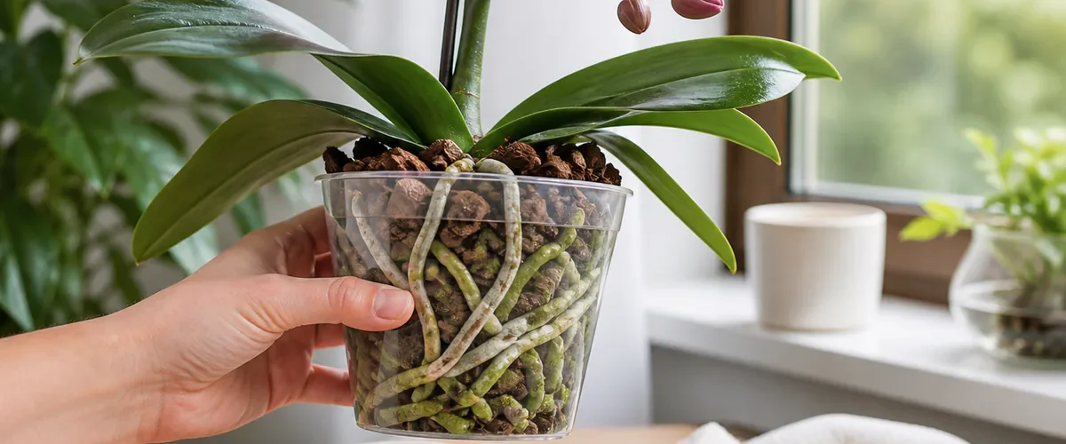 Healthy orchid roots being inspected in a clear pot beside a bright morning window