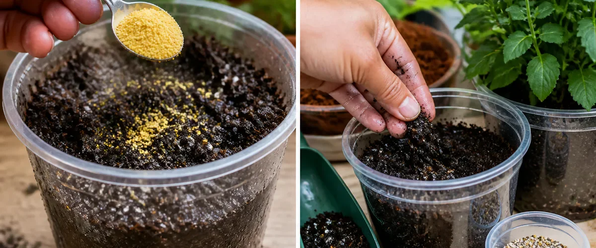 Photorealistic before-and-after flowerpot test with a hand stopping mustard powder above freshly wet soil and inspecting stressed roots before using fresh mix correct water and measured plant food