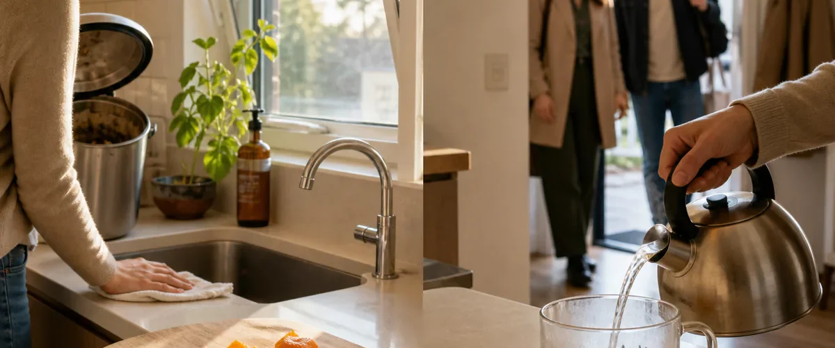 Photorealistic before-and-after entryway and kitchen with a hand cleaning the sink and opening a window before orange peel rosemary and cloves steep in a heatproof mug as guests enter the fresh home