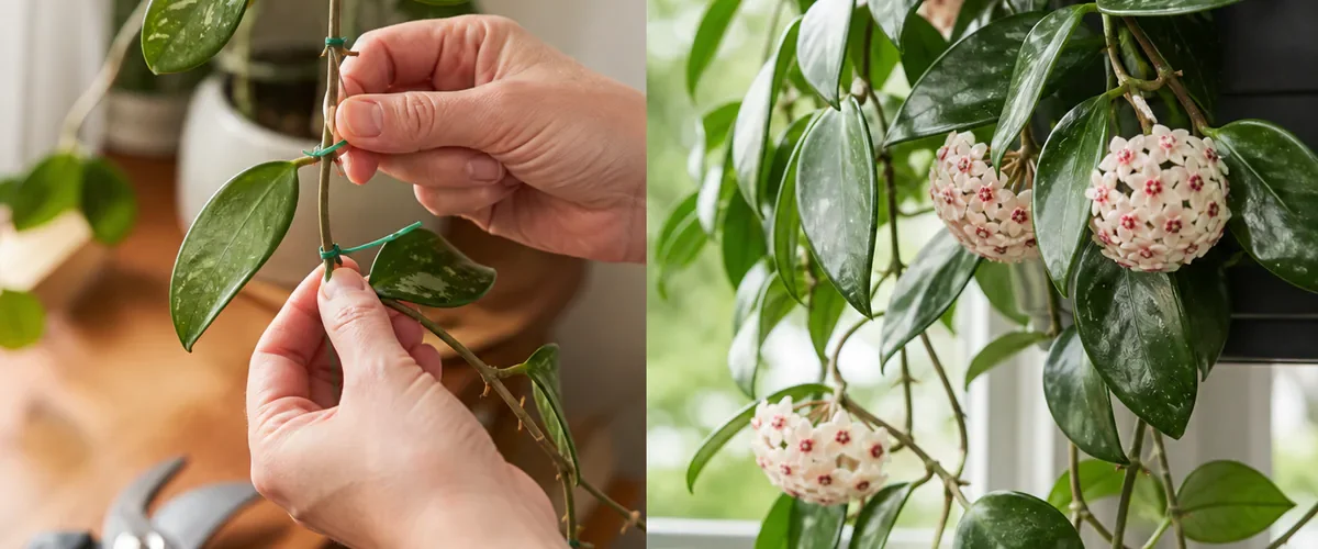 Photorealistic before-and-after hoya care with a hand marking a small bare peduncle and placing pruning shears aside before several old spurs rebloom with realistic waxy flower clusters