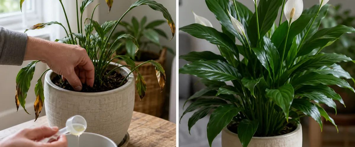 Photorealistic before-and-after houseplant care with a hand checking soil moisture and measuring diluted fertilizer for a tired peace lily before it grows healthy leaves and believable white blooms
