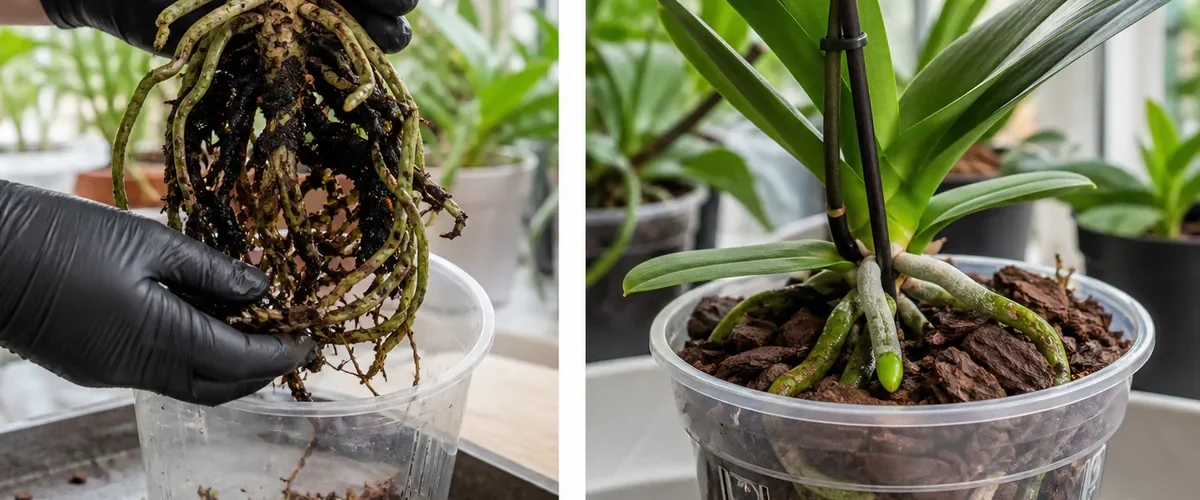 Photorealistic before-and-after moth orchid repotting with gloved hands removing decomposed bark and dead roots before firm roots rest in a clear vented pot with fresh chunky bark