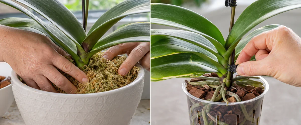 Photorealistic before-and-after Phalaenopsis with hands pressing wet moss over a dangerously low crown before the orchid sits at correct height in airy bark with visible roots and a discreet stabilizing pot clip