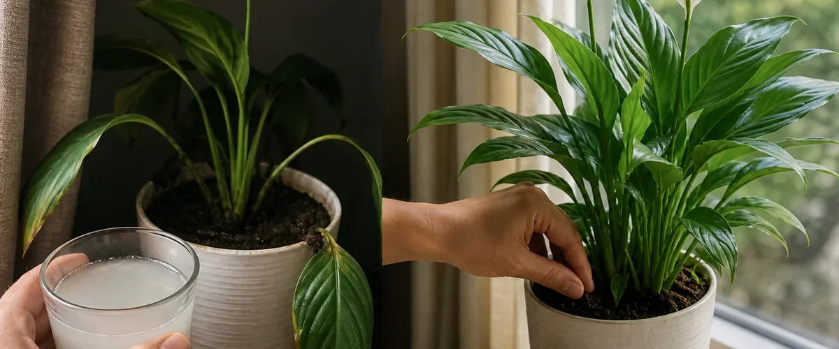 Photorealistic before-and-after peace lily care with a hand comparing a dark wet location and cup of rice water before moving the plant to brighter filtered light with drainage and seeing two realistic spathes