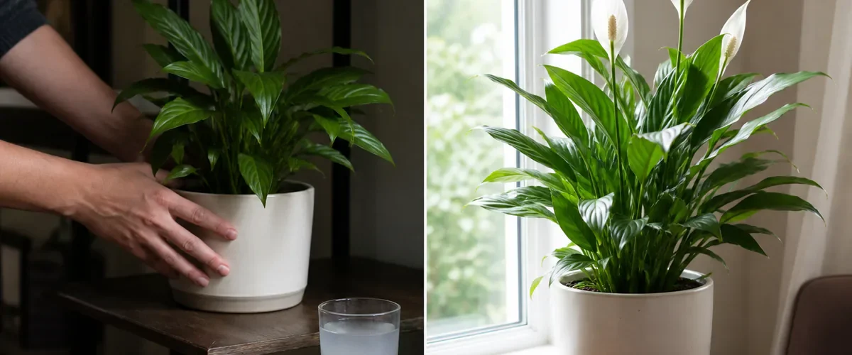 Photorealistic before-and-after peace lily care with a hand moving a plant away from tapioca water toward bright indirect window light before natural healthy blooms appear