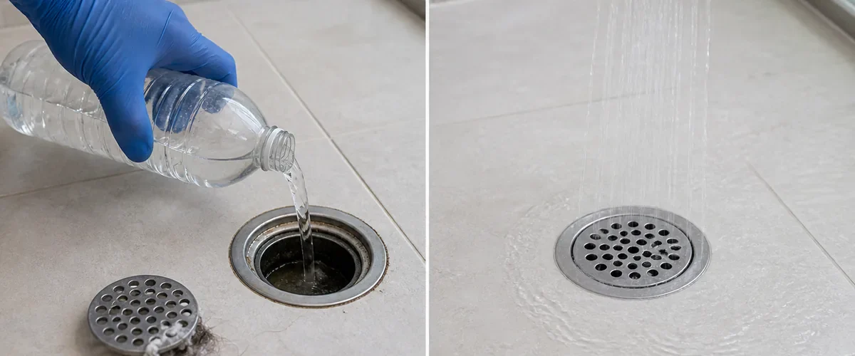 Photorealistic before-and-after shower drain test with a gloved hand pouring plain water from a bottle to refill the trap before a clean drain and fresh bathroom are restored