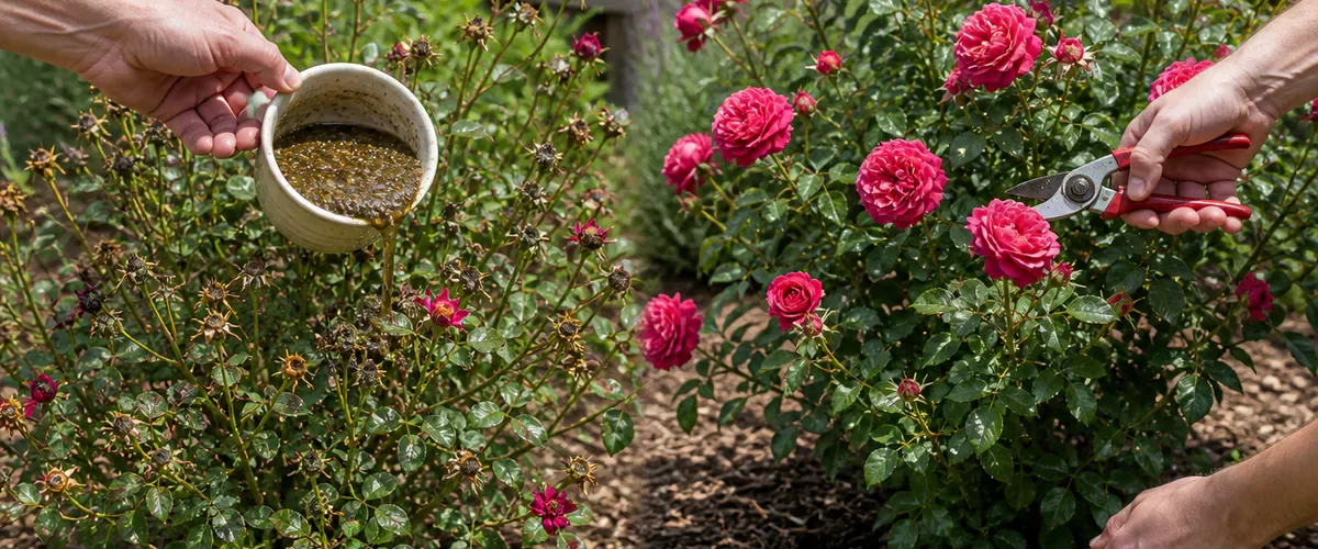 Photorealistic before-and-after repeat-blooming rose with a hand offering excess homemade fertilizer after the first faded flush before a healthy natural flower wave receives careful deadheading and slow root-zone watering