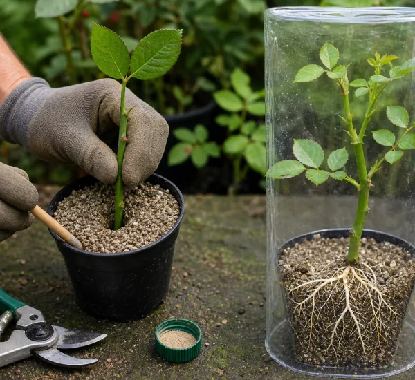 Photorealistic before-and-after rose cutting with a gloved hand planting a prepared stem in coarse sand and perlite before a transparent sleeve shows a believable white root system and healthy new leaves