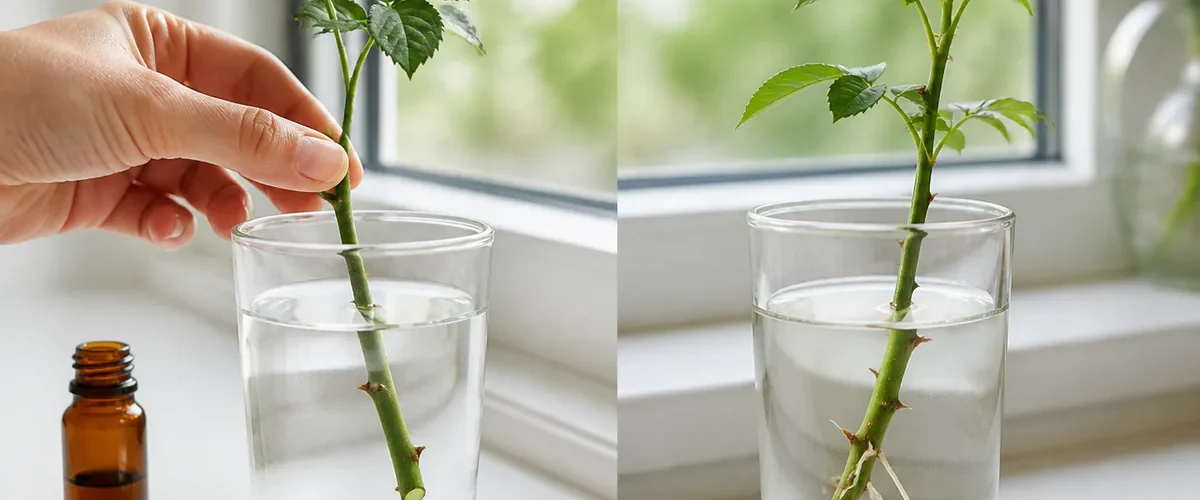 Photorealistic before-and-after windowsill propagation scene with a hand placing a freshly trimmed rose stem into a spotless glass of plain water while aloe and oil stay aside before several delicate white roots form weeks later