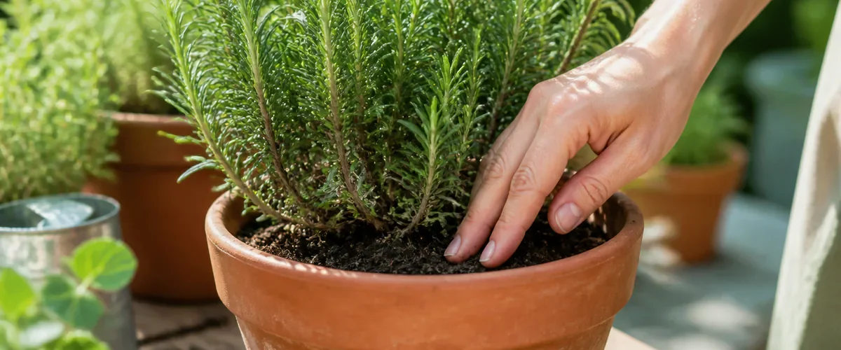 Potted rosemary having its soil moisture checked before watering