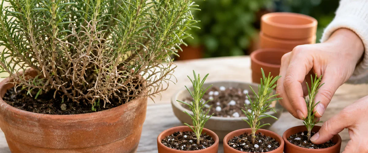 Healthy rosemary tip cuttings being planted beside a stressed but living parent plant