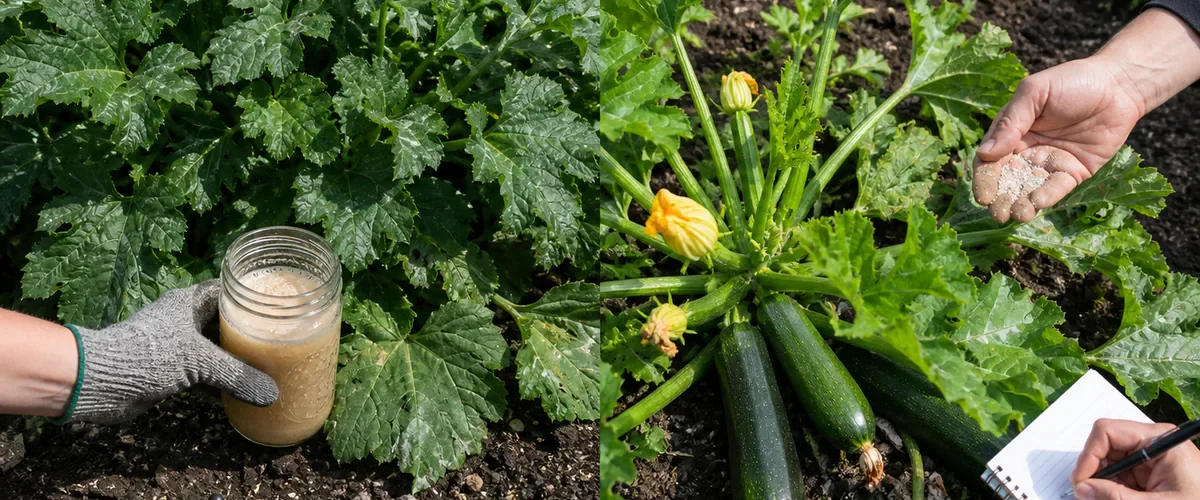 Photorealistic before-and-after zucchini bed with a gloved hand holding sweet yeast water beside a very leafy fruitless plant before balanced soil care produces several healthy zucchini